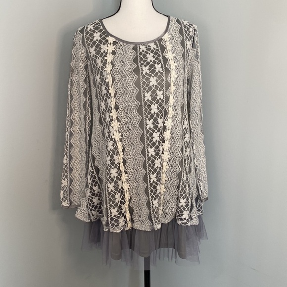 Altar’d State Boho Lace Bow Ruffle Long Tunic Top Blouse - Picture 4 of 8